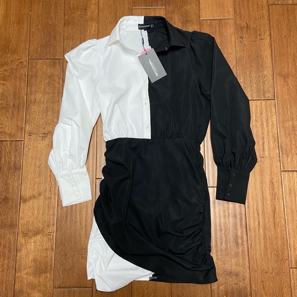 PrettyLittleThing Monochrome Contrast Detail Long Sleeve Shirt Dress